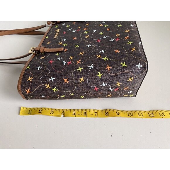 Michael Kors Jet Set Brown MultiColor Airplane Print Carryall Tote Purse Bag NEW - Picture 7 of 13